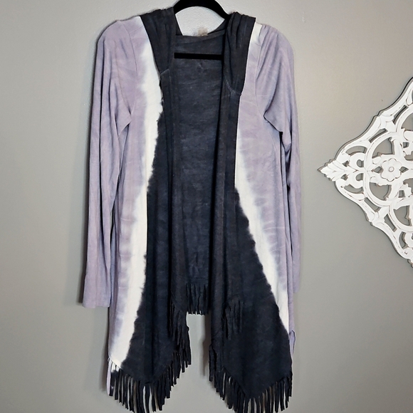 Long soft fringed hooded cardigan oversized long sleeves gray lavendar knit - Picture 1 of 6